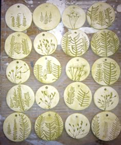 twelve handmade ceramic plates with plants on them