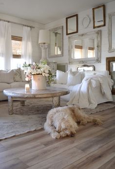 a dog laying on the floor next to a coffee table and couch in a living room