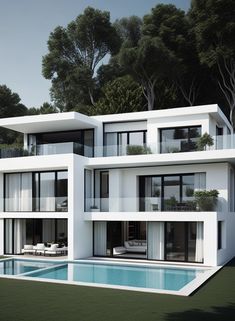 an artist's rendering of a modern house with swimming pool and trees in the background