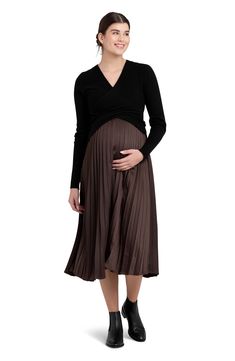 Keep your look perfectly polished with this cropped faux-wrap sweater fashioned with hidden panels for easy nursing access. Surplice V-neck Long sleeves 54% acrylic, 42% nylon, 4% elastane Hand wash, dry flat Imported Satin Pleated Skirt, High Skirt, Maternity Stores, Maternity Boutique, Nursing Sweater, Mama Fashion, Breastfeeding Clothes, Pleat Skirt, Stylish Maternity