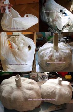 several pictures showing how to make pumpkins out of plastic bags and other things in the process