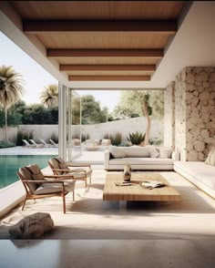 a living room filled with furniture next to a swimming pool