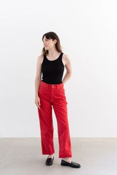 Vintage 25 26 27 28 Waist Watermelon Red Cotton Utility Painter Pants Unisex Made USA Stonecutter High Rise Trousers Contrast Stitch - Etsy High Waist Utility Cotton Work Pants, High Waist Cotton Utility Work Pants, Red Wide Leg Cotton Jeans, Red Cotton Jeans With Pockets, Red Cotton Long Pants, Red Full Length Cotton Jeans, Red Cotton Utility Pants, Red Full-length Cotton Cargo Pants, Red Full-length Cotton Bottoms