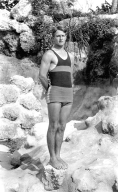 Vintage Fashion: A two piece swimsuit, as worn by Jack Pierson at the Venetian Pool. Coral Gables, Florida. CIrca 1924. Photo Credit: State Library and Archives of Florida Vintage Swimwear Mens, Historical Swimwear, Tropical Futurism, Vintage Seaside, Coral Gables Florida, The Venetian