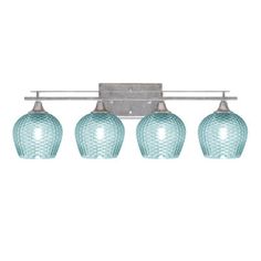 three light bathroom fixture with blue glass shades on the bottom and chrome fixtures above it