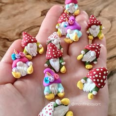 Handmade miniature gnomes Polymer Clay Gnomes Diy, Clay Nomes, Clay Gnomes Diy How To Make, Strawberry Gnomes, Polymer Clay Gnomes, Polymer Clay Fairy Garden, Clay Fairy Garden, Clay Gnomes