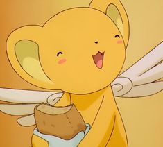 a cartoon bear holding a piece of cake with wings on it's back and smiling