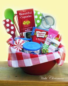 a red bowl filled with lots of different items