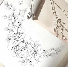 some flowers are sitting on top of a piece of paper and next to it is a pencil drawing