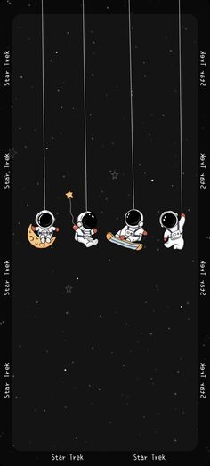 an image of astronauts hanging from strings in the sky with stars and planets around them