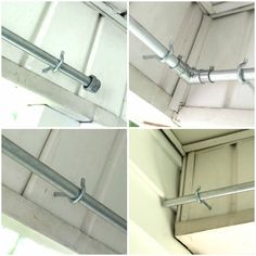 four different views of the inside of a building with metal bars and brackets on it