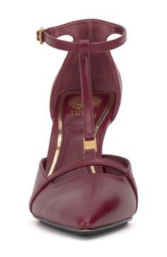 A pointy toe and slim T-strap make this pump a graceful option for desk-to-dinner versatility. 3 1/2" heel Adjustable ankle strap with buckle closure; hidden elastic inset Leather upper/synthetic lining and sole Imported Burgundy Pumps, Burgundy Heels, Alligator Shoes, T Strap, Leather Pumps, Vince Camuto, Women's Pumps, Alligator, Ankle Strap