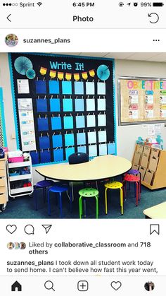 an instagramted photo of a classroom with colorful tables and chairs