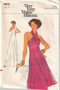 VERY EASY Halter Neck Dress Gown SZ 14 Vogue 9212 Size 14  BUST 36"  WAIST 28"  HIP 38" Sewing pattern pieces are cut and are all here.  Instructions here.  Envelope has shelf wear; ink stamp; yellowing; tape; missing flap; etc. Very Easy Sewing pattern to make: Halter Dress / Gown ~ below mid-knee length; evening / floor length; flared skirt; lined bodice; halter neckline criss crossed at front and attached to back bodice; slightly gathered under bust; back bodice slit to empire waistline; back Criss Cross Neckline Dress, Criss Cross Halter Dress, Dress 1900, Sewing Pattern Pieces, Halter Neck Dress, Empire Waistline, Pattern Pieces, Vogue Patterns, 60s Dress