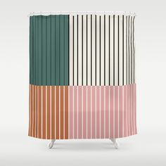 a shower curtain with different colors and stripes on the outside, including brown, green, pink