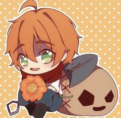 an anime character holding a flower and a skull