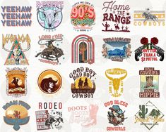 various logos and stickers are shown in this graphic art work, which includes the words rodeo