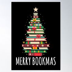 a christmas tree made out of books with the words merry bookmas on it poster