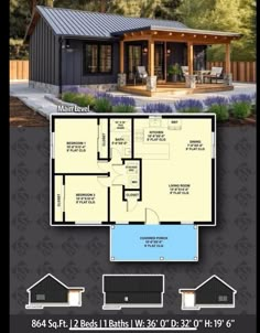 the floor plan for a small cabin with an attached porch and living area, including a covered