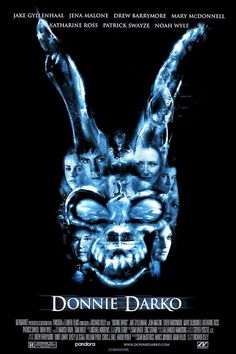 a movie poster for the film donni de darko with an evil bunny's face