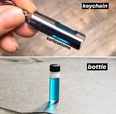 two pictures side by side one with a bottle and the other with a keychain