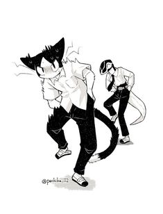 two cartoon cats are dancing together in black and white, with one cat's head turned to the side