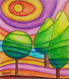 a drawing of three trees with the sun in the background