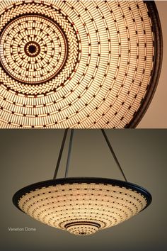 two different views of a light fixture with the same color and pattern as it appears to be made out of woven material