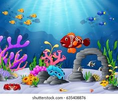 an underwater scene with fish and corals