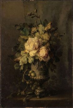 a painting of flowers in a vase on a table