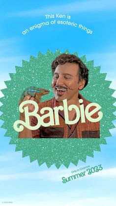 a man holding a bug in his hand with the word barbie on it's face