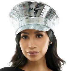 Shine bright in this Silver Mirror Disco Captain Hat. This dazzling hat is covered in reflective mirror pieces ensuring you stand out in any crowd. Perfect for adding a touch of glamour to your outfit. pbSilver Mirror Disco Captain Hat product details:-b-p ul liGlass plastic and cotton-poly blend fabric-li liDoes not include costume-li liOne size fits most-li -ul Adjustable Silver Party Hat, Trendy Silver Summer Hat, Trendy Party Visor Hat, Silver Party Hat One Size Fits Most, Silver Party Hat, One Size Fits Most, Trendy Silver Party Hat, Captain Costume, Cool Hat, Silver Mirror