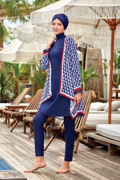 The swimsuit is made of Lycra fabric. A pareo, as shown in the visuals, is included in the set. Modest Swimwear, Lycra Fabric, Swimwear Sets, Swim Wear, Dark Navy Blue, Body Size, Stylish Accessories, Head Scarf, Dark Navy