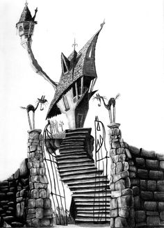 a black and white drawing of a staircase leading to a castle like structure with turrets on top