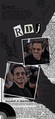 a collage of photos with the words rdj and an image of a man in glasses