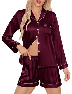 PRICES MAY VARY. ❤【New Style Shorts Set for Women】Premium quality silk satin fabric - 95% Polyester & 5% Spandex. Ultra soft and breathable.Long sleeves can keep you warm in the air conditioning room, elastic waist allows you easily to pull on or take off. It's silky feel on skin, have a premium touch. ❤【Utility Satin PJ Set】The long-sleeve top is classic and convenient with a chest pocket and notch collar and contrast piping trim. The pocket in the chest allows you to store some small stuff. The comfy PJ shorts have an elastic waistband for a perfect fit. Suit For All Season. From winter to spring to summer to fall, you’ll love enveloping yourself in the easygoing luxury of this cozy pajama set. ❤【Occasions】The long sleeve silk pajamas is casual style, great for sleepwear, nightwear, boud Maroon Bridesmaid, Bridesmaid Pajamas, Silk Pjs, Bridal Pajamas, Lounge Outfits, Satin Pj Set, Silk Satin Fabric, Lounge Outfit, Comfortable Pajamas