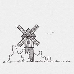 a black and white drawing of a windmill