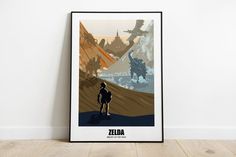 a poster with the words zelda on it in front of a white wall and wooden floor