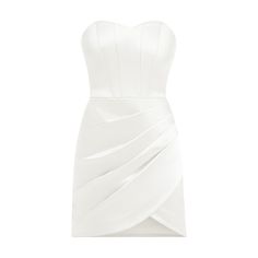 Brimming with dazzling finishing touches, this white satin mini dress exudes confidence and femininity.   The form-fitting corset silhouette is shaped with a sweetheart neckline and internal boning that highlights the waist.  Draped throughout the front of the skirt, the dress exudes an elegant allure, blended with the label's signature flattering fit.   The delicate strapless design is fastened with an invisible zip at the back and is fully lined.  This dress will evoke an exceptional feeling of glamour and sophistication at your next special occasion. It also leaves plenty of room for a piece of statement jewellery, styled with elegant stiletto heels and a glamorous clutch bag. Elegant sleeveless design Sweetheart neckline Draped mini hem Cinched waist Internal boning Luxurious satin fab Elegant Bandage Dress With Sweetheart Neckline, Elegant Bodycon Dress With Corset Back For Cocktails, White Mini Corset Dress For Party, Elegant Bandage Dress With Sweetheart Neckline And Fitted Bodice, Cocktail Satin Mini Dress With Lined Bodice, Satin Mini Dress With Lined Bodice For Cocktail, Bandage Dress With Sweetheart Neckline And Fitted Bodice, Elegant Cocktail Corset With Ruched Bodice, Formal Fitted Mini Length Corset