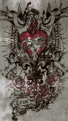 an artistic tattoo design with roses, hearts and wings on a gray background that is grungy