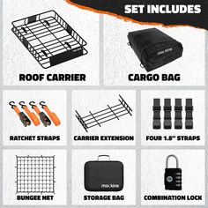 the instructions for how to set up an outdoor storage rack with straps, bags and hooks