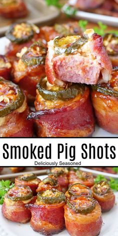 A double photo collage of pig shots lined up on a white plate. Bacon Wrapped Sausage Bites, Smoked Sausage Appetizers, Jalapeno Bacon Wrapped, Smoked Pig Shots, Pig Shots, Bacon Wrapped Sausages, Bacon Wrapped Smokies, Sausage Bites, Pellet Grill Recipes