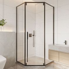 Contemporary Shower Enclosure Neo-Angle Semi-Frameless Clear Shower Enclosure Neo Angle Corner Shower Ideas, Pentangle Shower Enclosure, Offset Quadrant Shower Enclosure, Neo Angle Shower Doors, Glass Corner Shower, Neo Angle Shower Enclosures, Neo Angle Shower, Minimalist Showers, Contemporary Shower