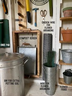 an assortment of gardening tools displayed on a wall in a garden shed, labeled with names