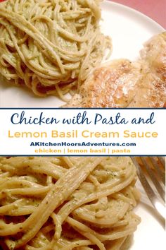 chicken with pasta and lemon basil cream sauce on a white plate next to a fork