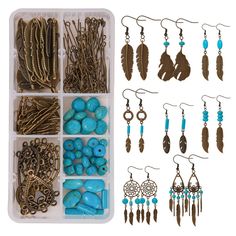 PRICES MAY VARY. ❤[PAPER INSTRUCTION]: DIY Jewelry making starter kit for beginners women girls adults. Easy to create, fun to wear. Paper instructions is included to help you finish this jewelry making kit. ❤[HYPOALLERGENIC MATERIAL]: Alloy charm connectors links, synthetic turquoise, iron jump rings, brass earring hooks, iron eye pin, Cadmium Free & Nickel Free & Lead Free. �❤[All INCLUSIVE]: 2pcs x flat round with web links, 2pcs x teardrop with flower links, 2pcs x ring links, 36pcs x feather Charm Connectors, Wire Ideas, Feather Dream Catcher, Dream Catcher Earrings, Earring Kit, Jewelry Making Kits, Jewelry Making Kit, Box Diy, Earring Making