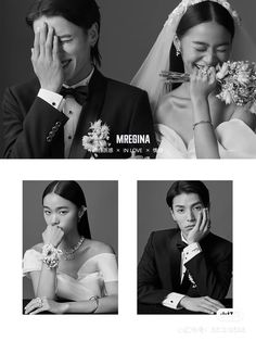 black and white photo of two people in wedding attire, one holding flowers while the other holds