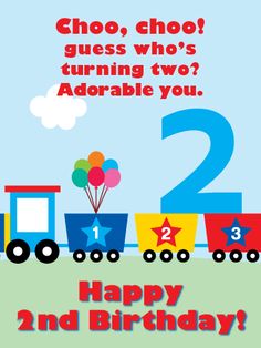 a birthday card for two year old with a train on the tracks and balloons in the air