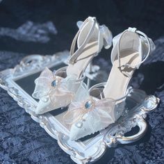 LBSFY - Retro Romantic Palace Style Cosplay Elegant Flower Wedding Girl Tea Party Gorgeous Gem Pearl Bow Lace 8cm High Heeled Shoes White Block Heel Kitten Heels For Party, Teacher Shoes, Plaid Shoes, Pretty Heels, Fairy Shoes, Summer High Heels, Girls Tea Party, All Black Shoes, Wedding Girl