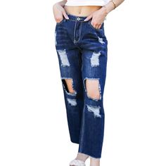 Elevate your casual wardrobe with our Baggy Distressed Boyfriend Denim Jeans, crafted from soft and comfortable denim fabric for all-day wear. These trendy jeans feature a high waist, ripped holes, and frayed bottoms for a fashionable streetwear look. Distressed Cropped Denim Jeans For Fall, Trendy Distressed Cropped Jeans For Fall, Fall Distressed Denim Blue Cropped Jeans, Fall Cropped Distressed Dark Wash Jeans, Trendy Non-stretch Distressed Flare Jeans, Trendy Ripped Cropped Jeans For Fall, Fall Ripped Dark Wash Flare Jeans, Distressed Relaxed Fit Cropped Jeans For Fall, Casual Cropped Distressed Jeans In Dark Wash